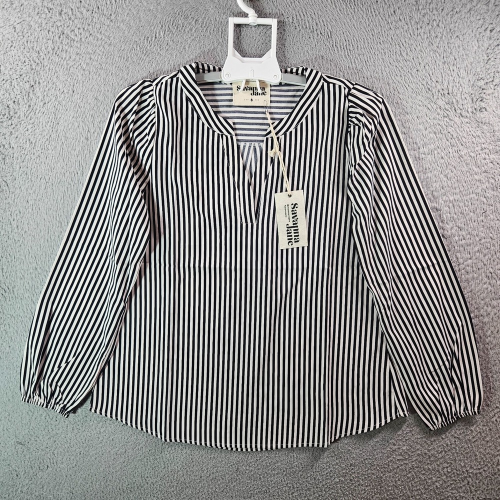 NEW Savanna Jane Top Blouse Women Small Split Neck White Black Striped